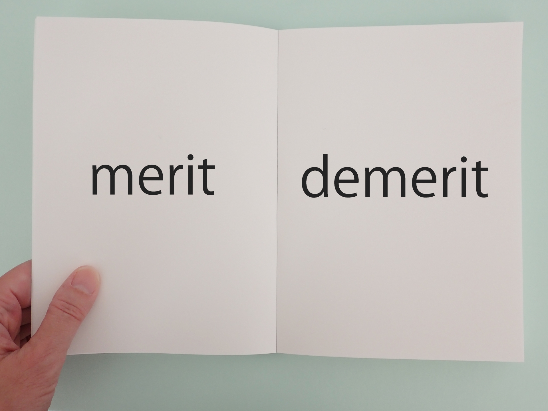 ノートの見開き左右にmeritとdemeritの文字